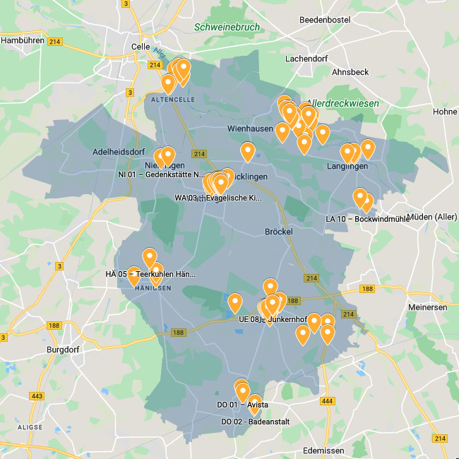 Übersichtskarte Beschilderung der historical markers der LEADER Region "Aller-Fuhse-Aue"