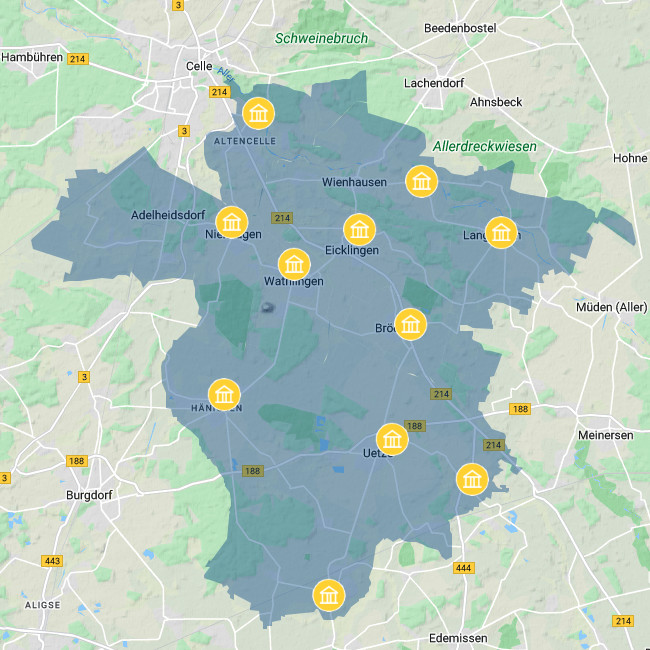 Übersichtskarte Heimatvereine der LEADER Region "Aller-Fuhse-Aue"